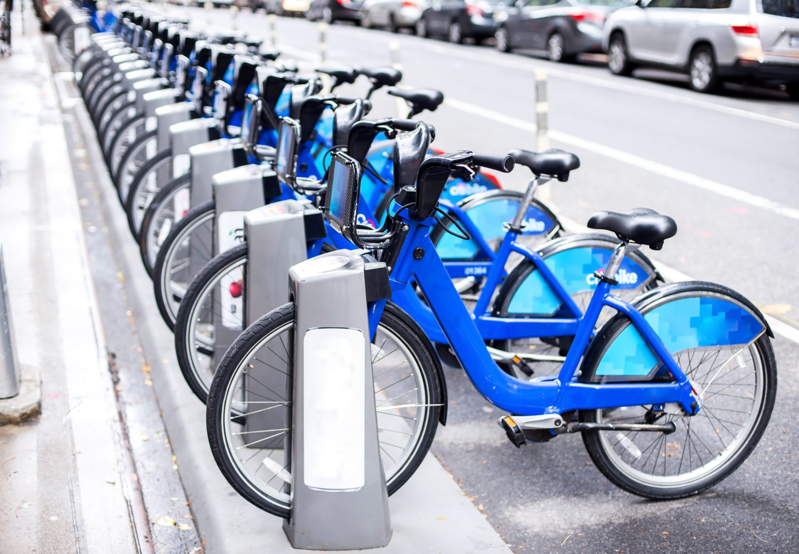 Bike share app bikes lined up in a row