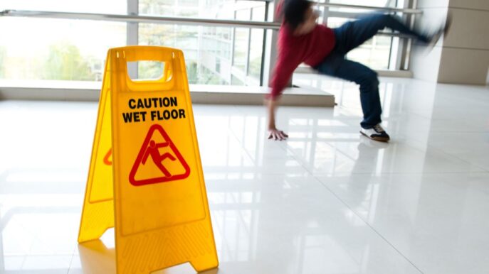 slip and fall accident with a warning sign on