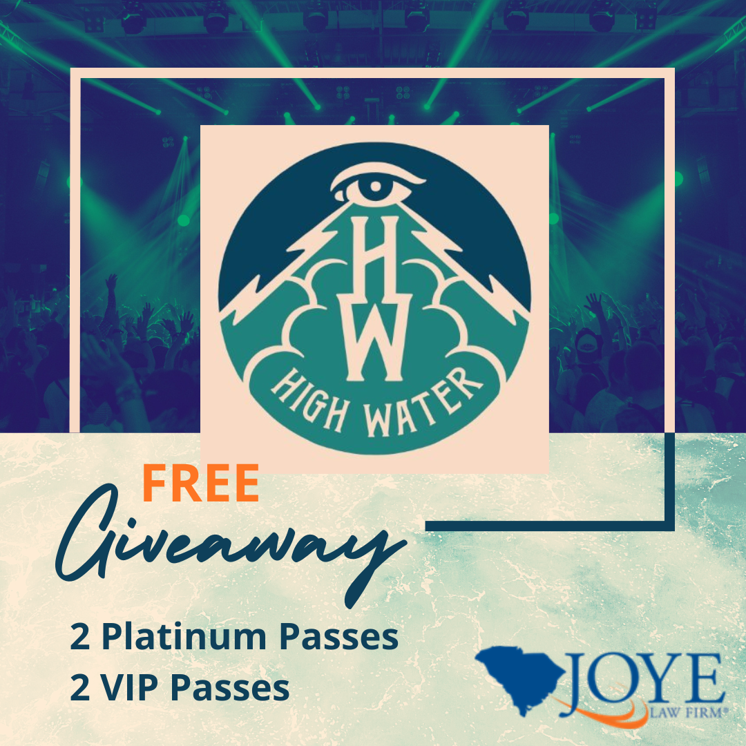 High water ticket giveaway graphic. 2 platinum passes and 2 vip passes presented by Joye Law Firm.