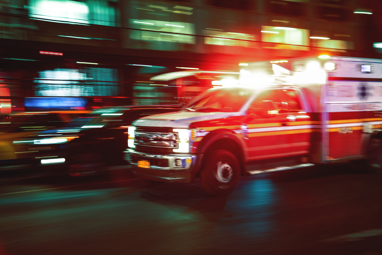 Motion blur ambulance attending pedestrian injury in Clemson, SC