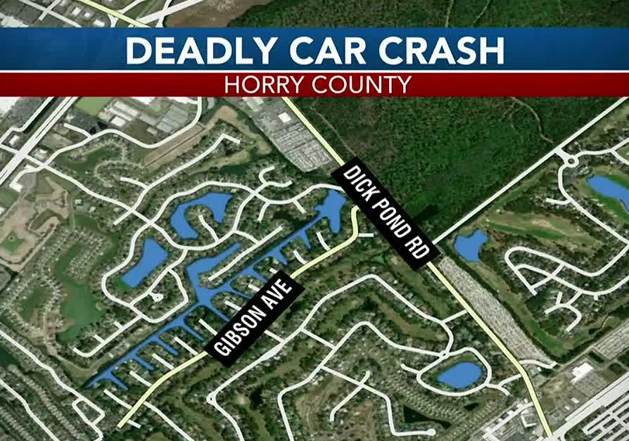 Fatal crash at intersection of Duck Pond Rd and Gibson Ave in Horry County map