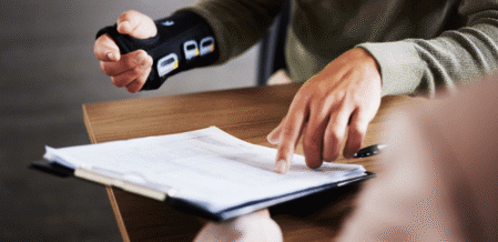 Image of someone with their arm in a brace looking over paperwork