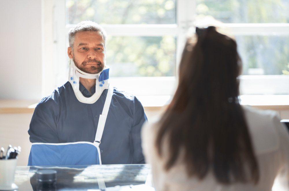 Image of a man in a sling and neck brace speaking with a lawyer