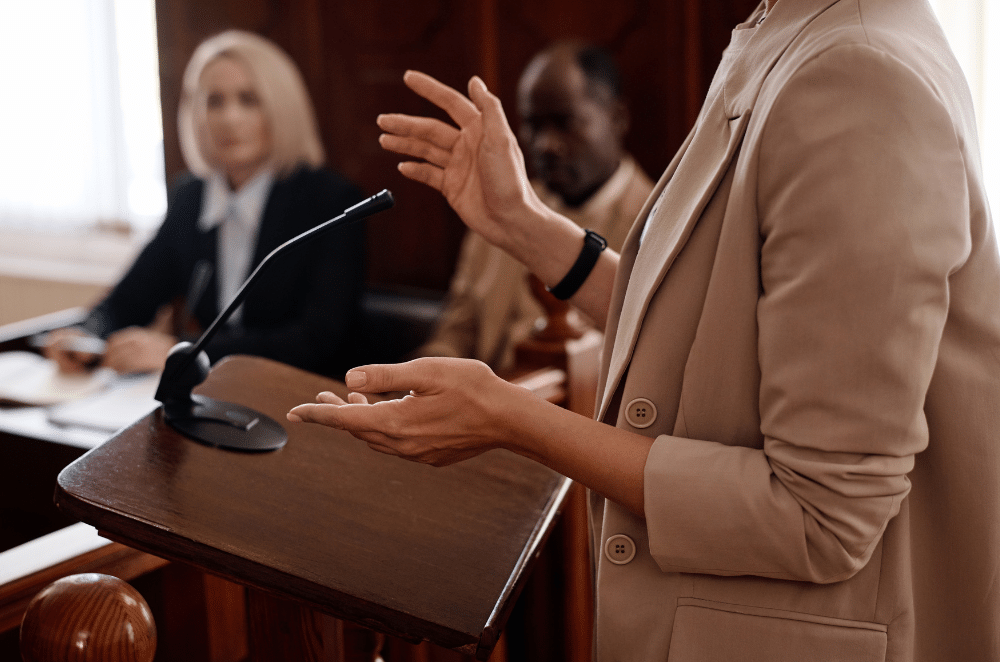 Image of a woman testifying in court