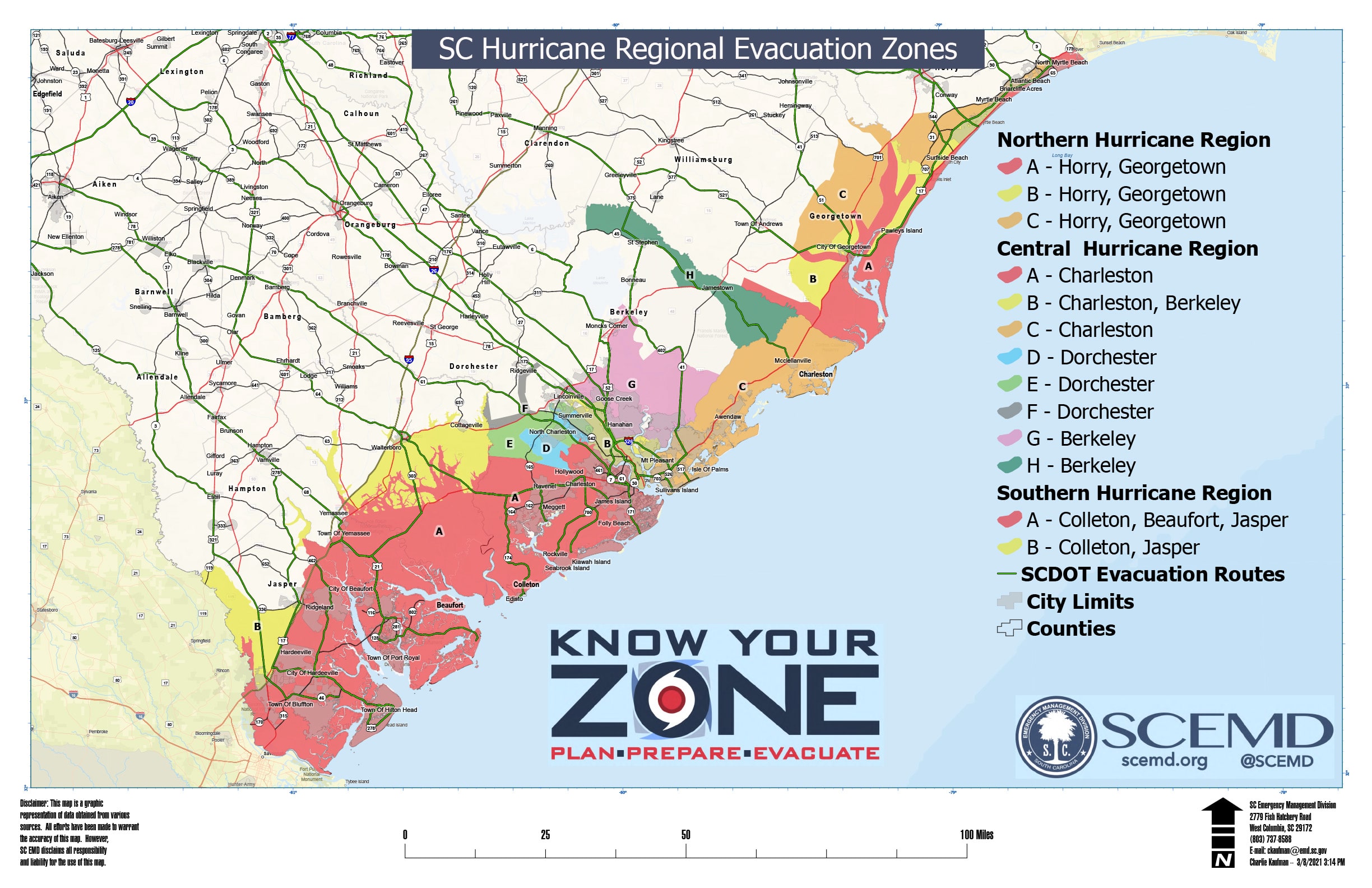 SC Hurricane Regional Evacuation Zone map