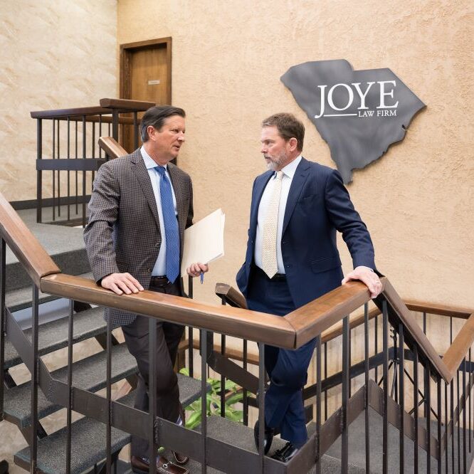 Attorneys Ken Harrell and Mark Joye in the atrium of our North Charleston office