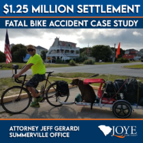 $1.25 Million settlement, fatal bike accident case study. Attorney Jeff Gerardi Summerville office of Joye Law Firm Injury Lawyers. Image of Kris Cotton and his dog Ava on his bike with attached trailer.