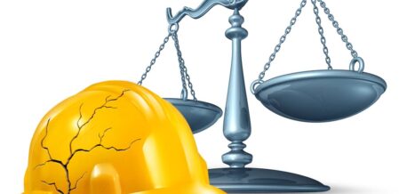 Construction Injury Law and Workplace Accident Hazards: A broken, cracked yellow hardhat alongside a scale of justice symbolizes legal protection for injured workers.