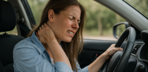 Woman grimaces in pain and holds neck after car accident while sitting behind the wheel