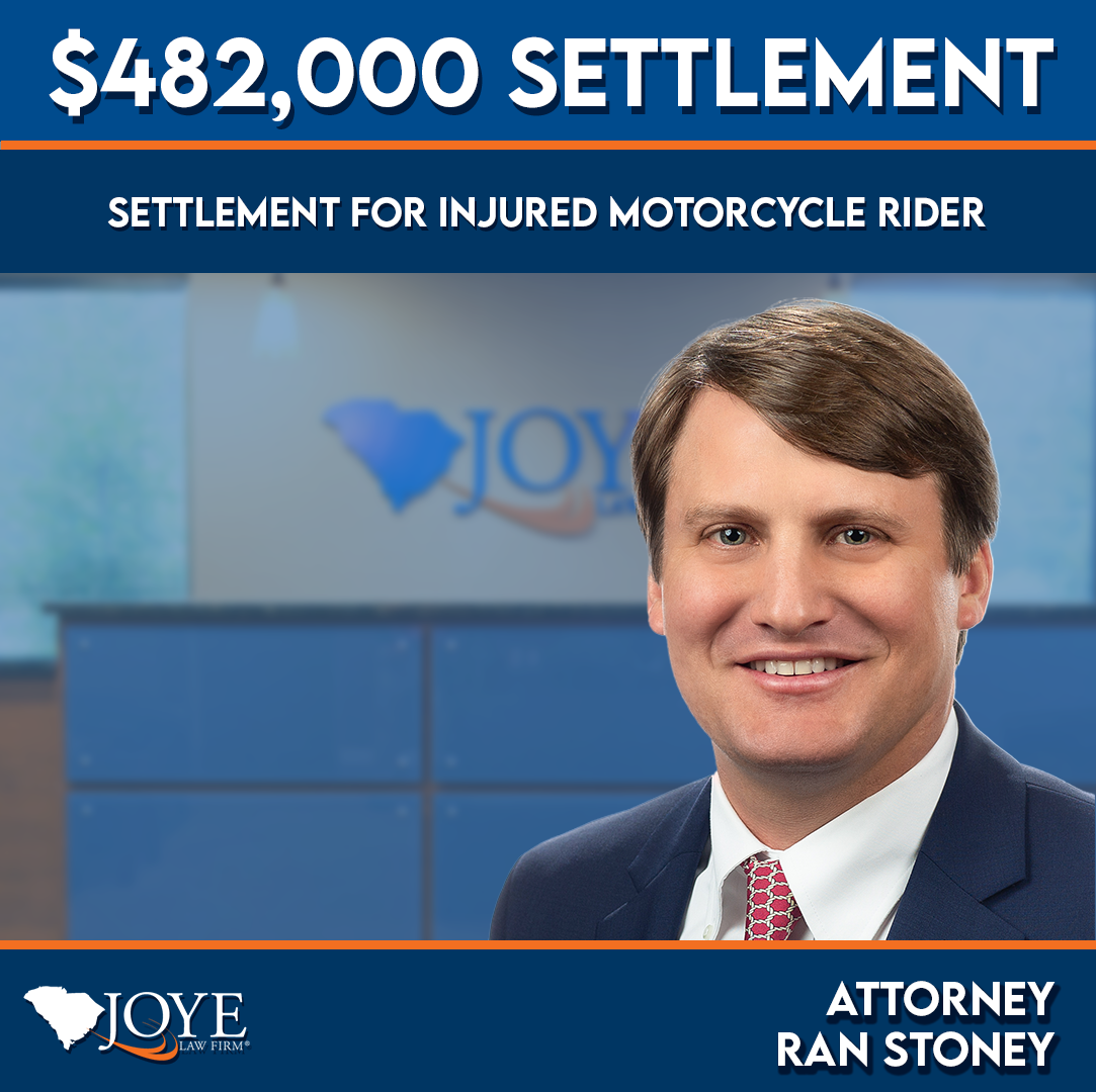 Attorney Ran Stoney of Joye Law Firm's Charleston office secured a $482,000 settlement for a motorcyclist injured in a crash in Summerville, South Carolina.