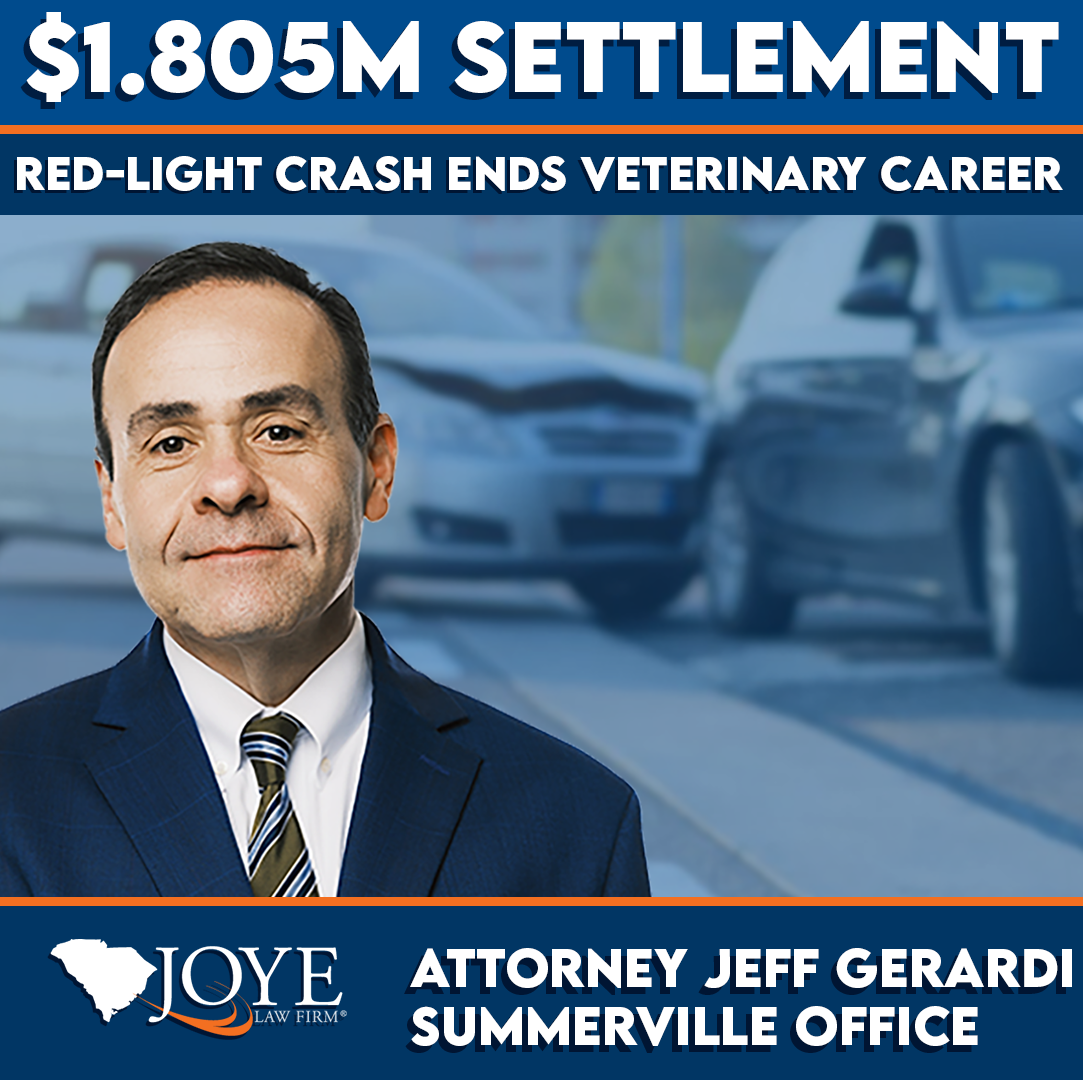 $1.805M settlement for a red-light car crash that ended the surgical career of a veterinarian